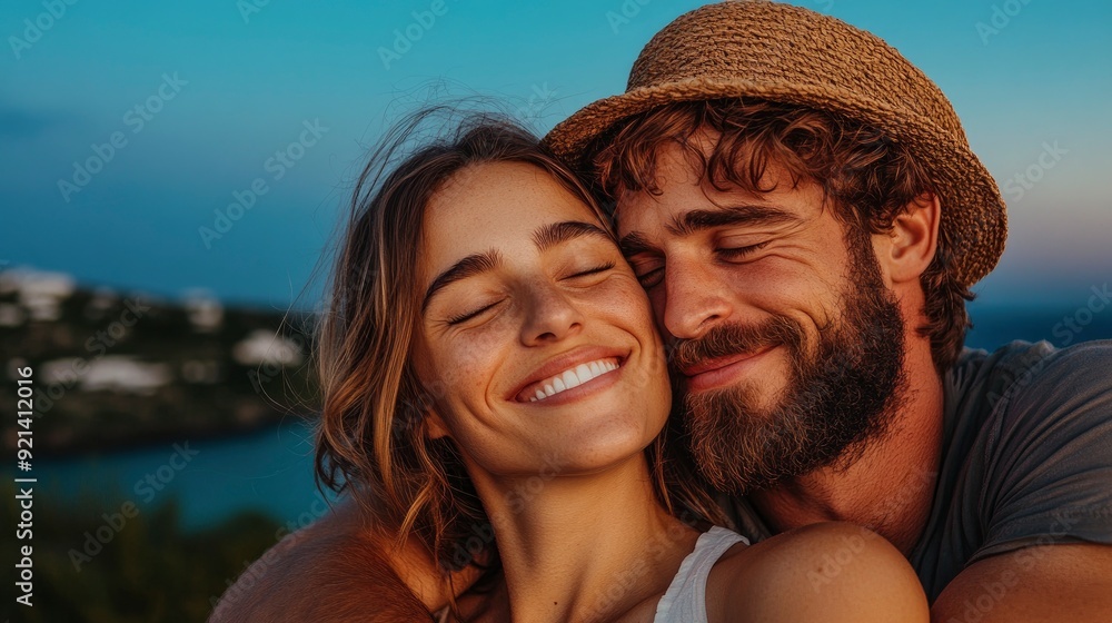 Fototapeta premium Couple On Santorini Rooftop, Hugging And Laughing Under The Stars