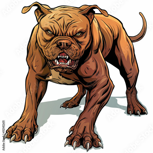 A drawing illustration of an angry vicious pitbull dog on a blank background