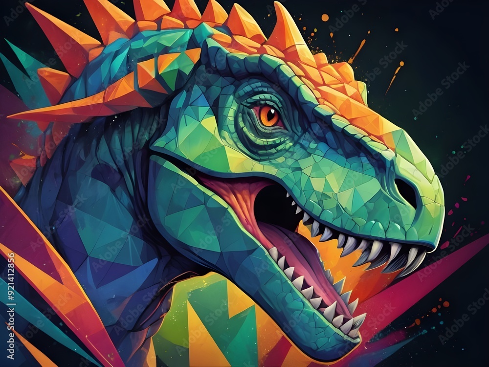 Dinosaur face in geometric style, splash effect Dinosaur face in geometric style, splash effect