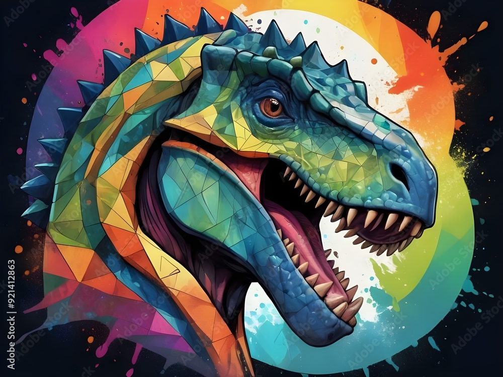 Naklejka premium Dinosaur face in geometric style, splash effect