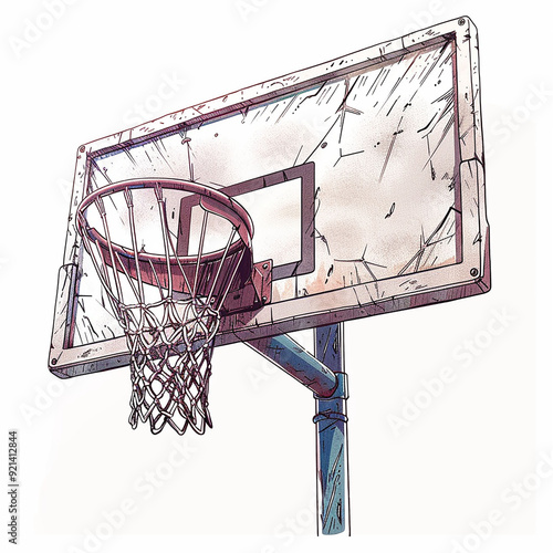 A drawing illustration of a worn out basketball hoop on a white background