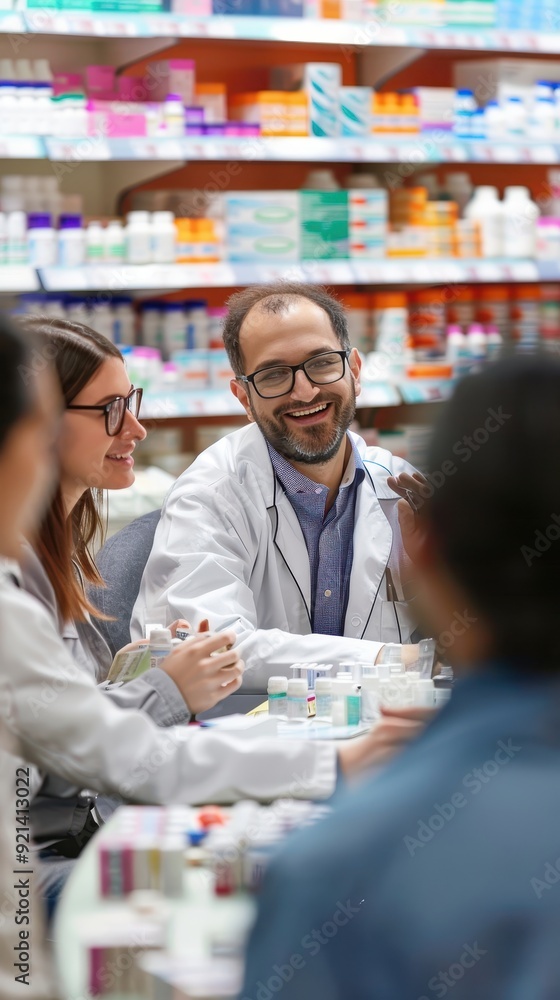A group of pharmacists discusses patient care strategies and medication management in a pharmacy A group of pharmacists discusses patient care strategies and medication management in a pharmacy