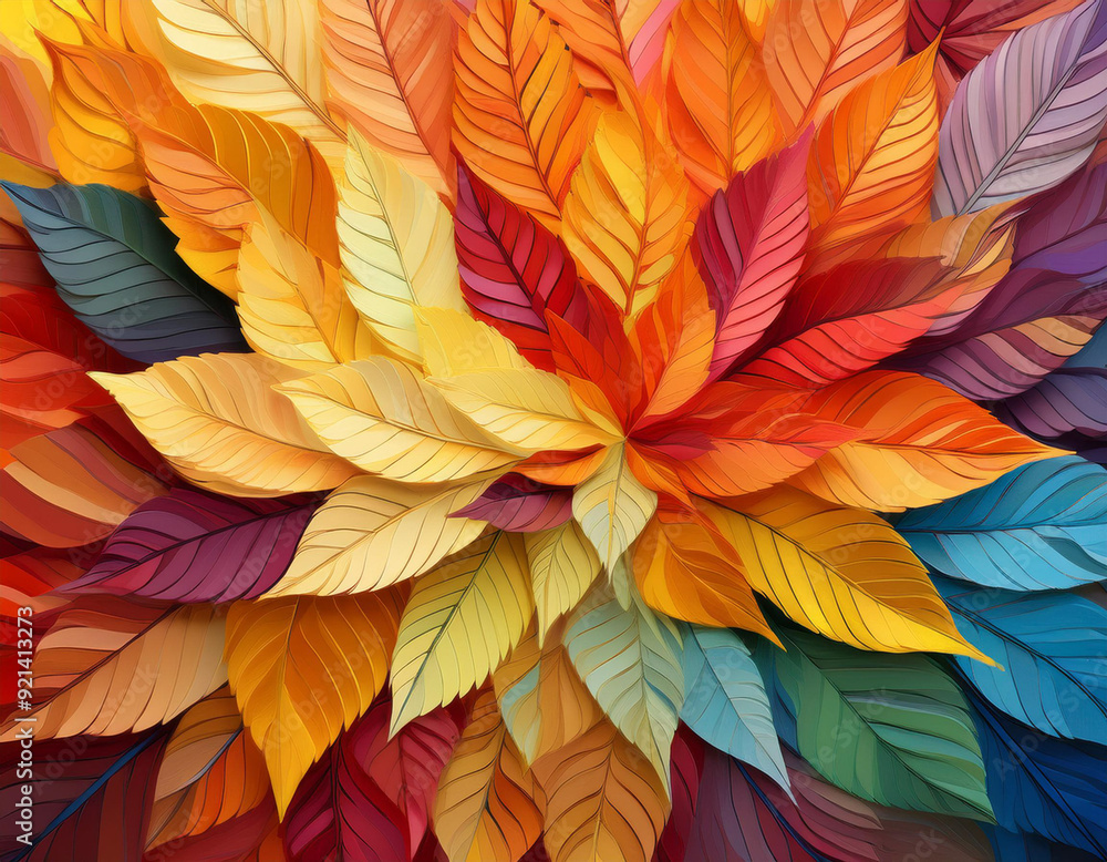 Abstract Spiral Pattern of Autumn Leaves Each Layer Showcasing a Different Fall Color Spectrum Abstract Spiral Pattern of Autumn Leaves Each Layer Showcasing a Different Fall Color Spectrum