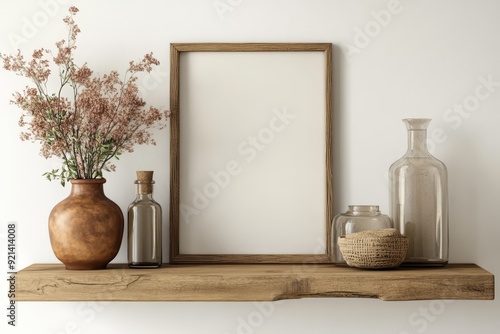 Elegant wood floating shelf adorned with decorative vases and a blank frame for modern home decor