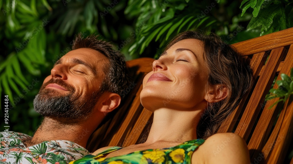 Happy Couple Relaxes In Wooden Chairs, Love In The Air Happy Couple Relaxes In Wooden Chairs, Love In The Air