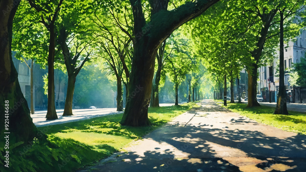 Fototapeta premium Tree-lined boulevard covered in vibrant, green leaves, 16:9 widescreen, 300 dpi, with space for text