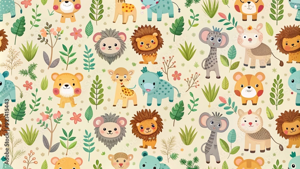 Seamless pattern with cute animals on a light background, wildlife, zoo, repeat, design, texture, jungle, safari, adorable, backdrop Seamless pattern with cute animals on a light background, wildlife, zoo, repeat, design, texture, jungle, safari, adorable, backdrop