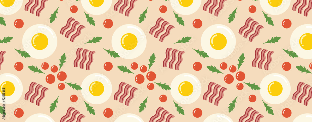 Pattern with fried eggs, cherry tomatoes, arugula and bacon. Vector seamless background with breakfast theme. For textile, fabric, wallpaper, packaging. Pattern with fried eggs, cherry tomatoes, arugula and bacon. Vector seamless background with breakfast theme. For textile, fabric, wallpaper, packaging.