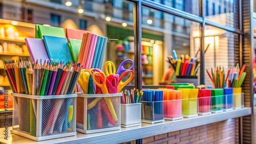 Close up of school stationery items displayed in shop window , back to school, pencils, notebooks, erasers, pens