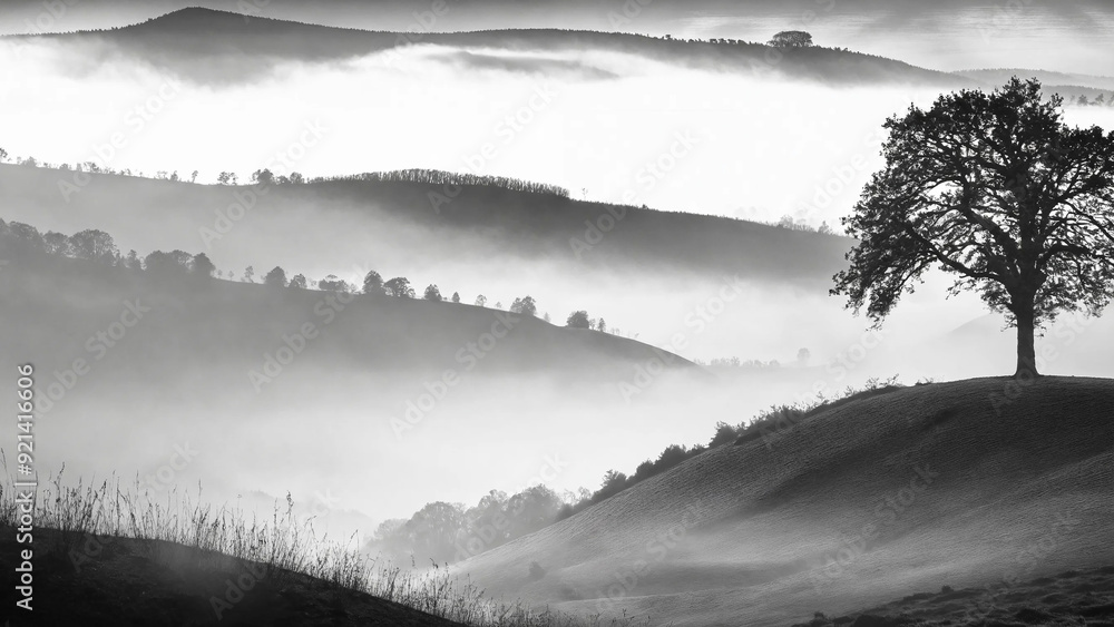Fototapeta premium Evocative black-and-white digital landscape featuring rolling foggy hills using only shades of monochrome, 16:9 widescreen, 300 dpi, with space for text