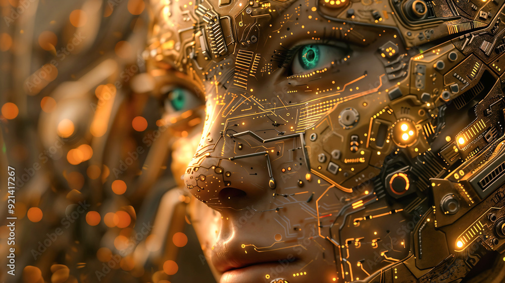A woman's face is made of computer chips and wires. The face is illuminated with a metallic glow. A woman's face is made of computer chips and wires. The face is illuminated with a metallic glow.