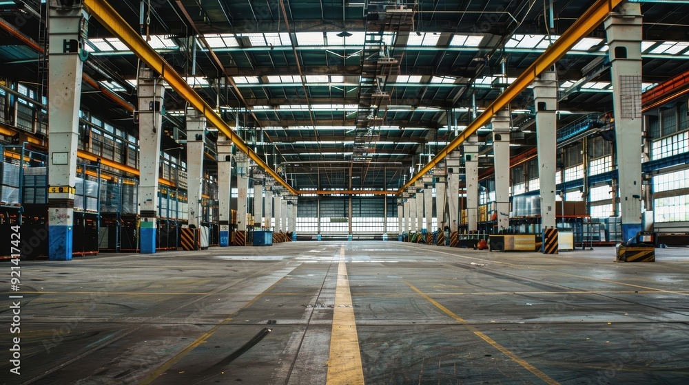 Fototapeta premium A large, well-lit warehouse with high ceilings and empty floor space ready for operations