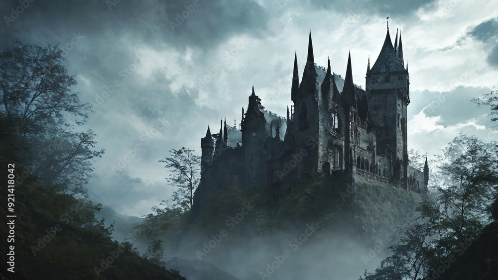 Fototapeta premium Gothic-style castle with an airy view, mysterious nature, 16:9 widescreen, 300 dpi, with space for text