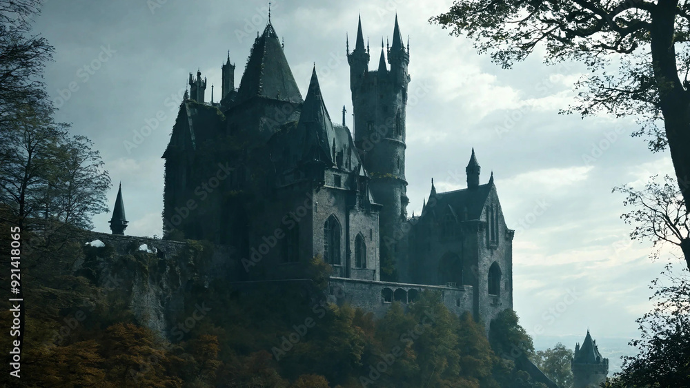 Gothic-style castle with an airy view, mysterious nature, 16:9 widescreen, 300 dpi, with space for text Gothic-style castle with an airy view, mysterious nature, 16:9 widescreen, 300 dpi, with space for text