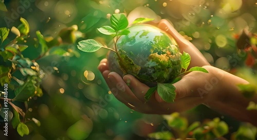 A pair of hands cradles a small plant with a globe at its base, symbolizing environmental care