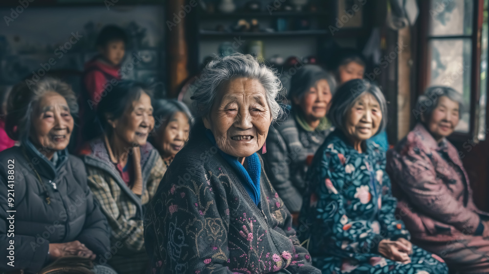 Group of Asian elderly women in a nursing home concentrating on painting a canvas. Group of Asian elderly women in a nursing home concentrating on painting a canvas.