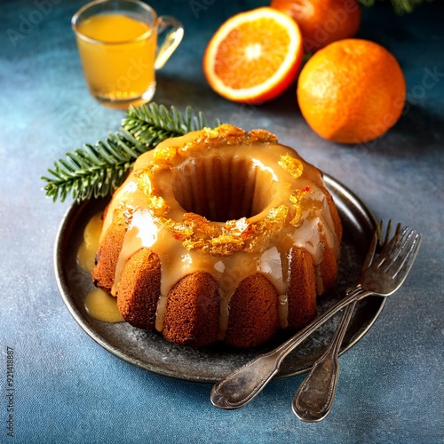 Winter citrus pound bundt cake with orange zest maple cirup syrup. Sweet Bundt Cake with Orange Maple Frosting photo