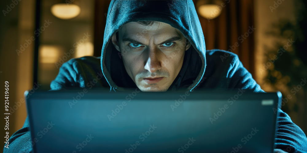 A hacker in a hoodie sits at a laptop and stares at the screen. Information security, system vulnerability A hacker in a hoodie sits at a laptop and stares at the screen. Information security, system vulnerability