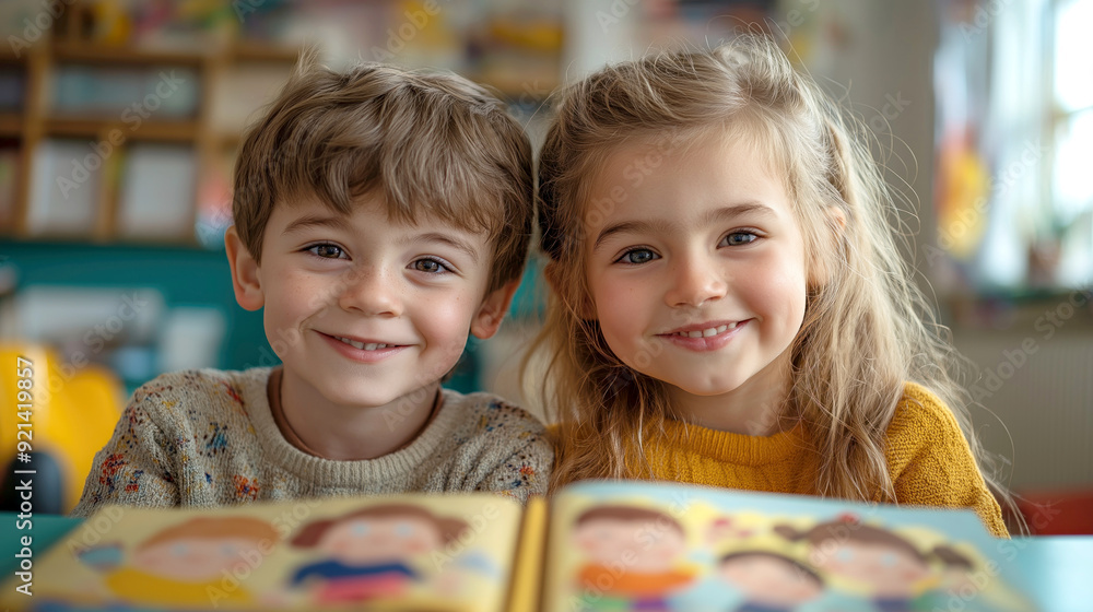 Smiling Caucasian boy and girl, sitting close together in a classroom, with an open picture book in front of them, wearing colorful sweaters, and looking directly at the camera.
Smiling Caucasian boy and girl, sitting close together in a classroom, with an open picture book in front of them, wearing colorful sweaters, and looking directly at the camera.