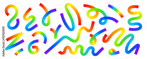 Set of rainbow colored squiggles. Cool multicolored stripes, spirals, loops and other curvy lines isolated on white background. Organic doodle figures with gradient effect. Vector illustration.
