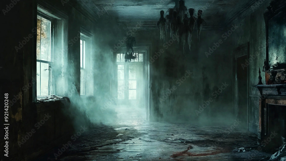 Horror digital painting featuring ghostly apparitions lurking in the shadows of an abandoned mansion, 16:9 widescreen, 300 dpi, with space for text Horror digital painting featuring ghostly apparitions lurking in the shadows of an abandoned mansion, 16:9 widescreen, 300 dpi, with space for text
