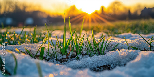 Green grass growing under melting snow at sunrise, end of winter, spring snow melt and plants waking up