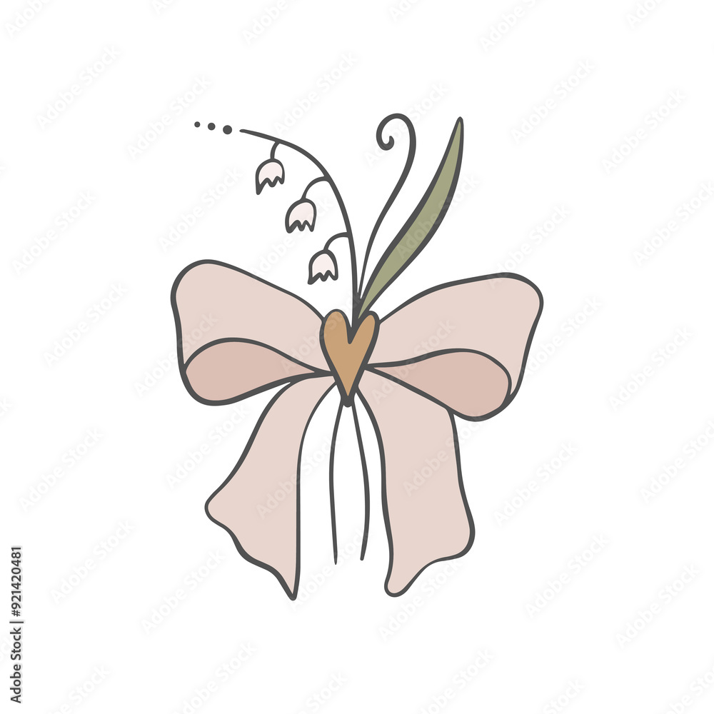 Coquette pretty charming pink heart bow frame and bouquet of lilies of the valley wildflowers set. Wedding or Birthday party floral botanical illustration, cute doodle flower decor, boho flat girl Coquette pretty charming pink heart bow frame and bouquet of lilies of the valley wildflowers set. Wedding or Birthday party floral botanical illustration, cute doodle flower decor, boho flat girl