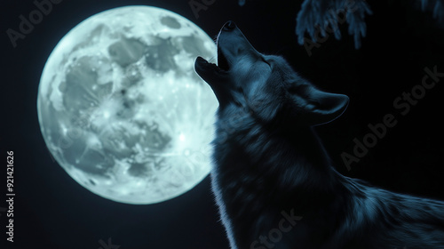 Um lobo majestoso uiva diante da lua cheia, capturando a essência da natureza selvagem e da beleza indomável.