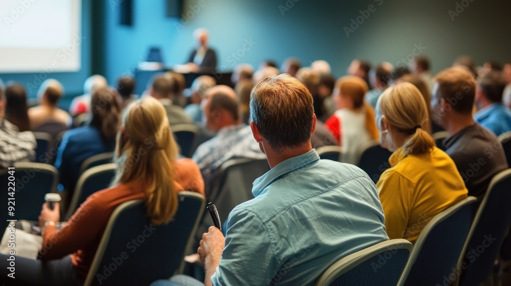 Generate a photo realistic image of employees attending a workplace safety awareness seminar, with seminar speakers, safety topics discussion, and audience engagement visible Generate a photo realistic image of employees attending a workplace safety awareness seminar, with seminar speakers, safety topics discussion, and audience engagement visible