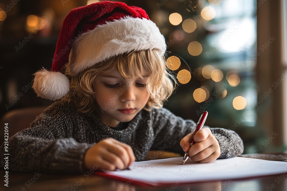 Child wearing a Santa hat writing a letter at a table with Christmas decorations in the background during the holiday season Child wearing a Santa hat writing a letter at a table with Christmas decorations in the background during the holiday season