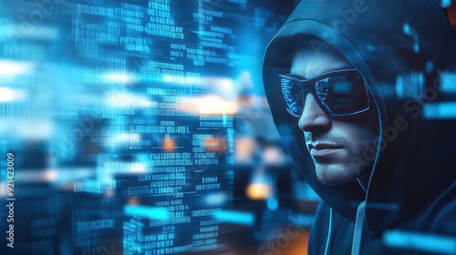  male hacker wearing a hoodie and sunglasses blurred with information technology overlay, data security breakin