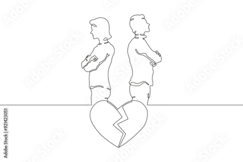 A quarrel between lovers. A man and a woman stand with their backs to each other. A broken heart. Parting. A symbol of love.One continuous line. Line art. Minimum one line. White background. One line