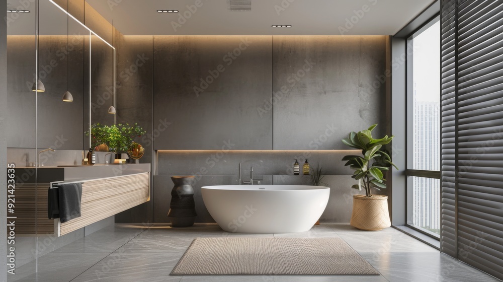 A chic bathroom with minimalist cabinets, smooth surfaces, and a neutral color palette, exuding elegance and simplicity. A chic bathroom with minimalist cabinets, smooth surfaces, and a neutral color palette, exuding elegance and simplicity.