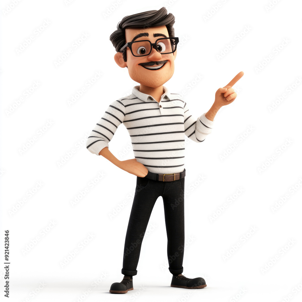 3D cartoon, A smiling male teacher with glasses, is pointing to the right side of his body. on white background 3D cartoon, A smiling male teacher with glasses, is pointing to the right side of his body. on white background