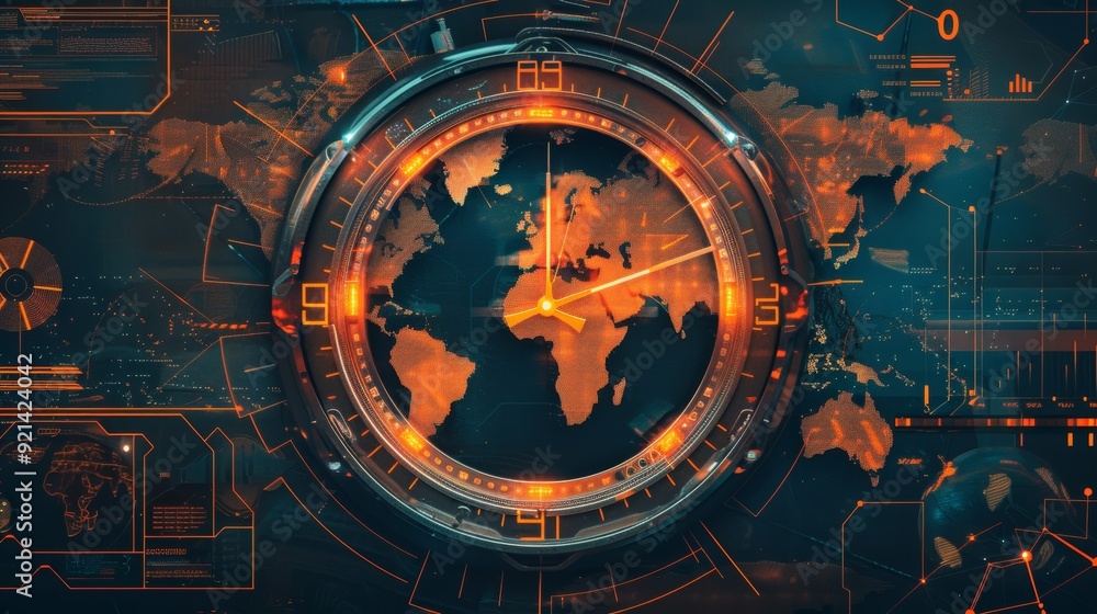 Naklejka premium A world clock showcasing different time zones emphasizing the challenges and opportunities of global operations