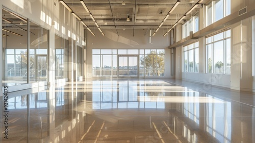 A contemporary dance studio with an open floor plan, natural light, and mirrored walls, perfect for practicing and rehearsing dance routines.