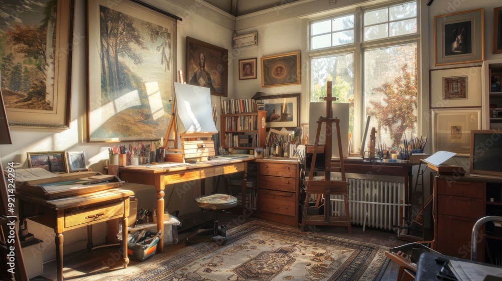 A cozy home art studio with a large desk, easels, and inspirational artwork, designed for personal creativity and artistic expression. A cozy home art studio with a large desk, easels, and inspirational artwork, designed for personal creativity and artistic expression.