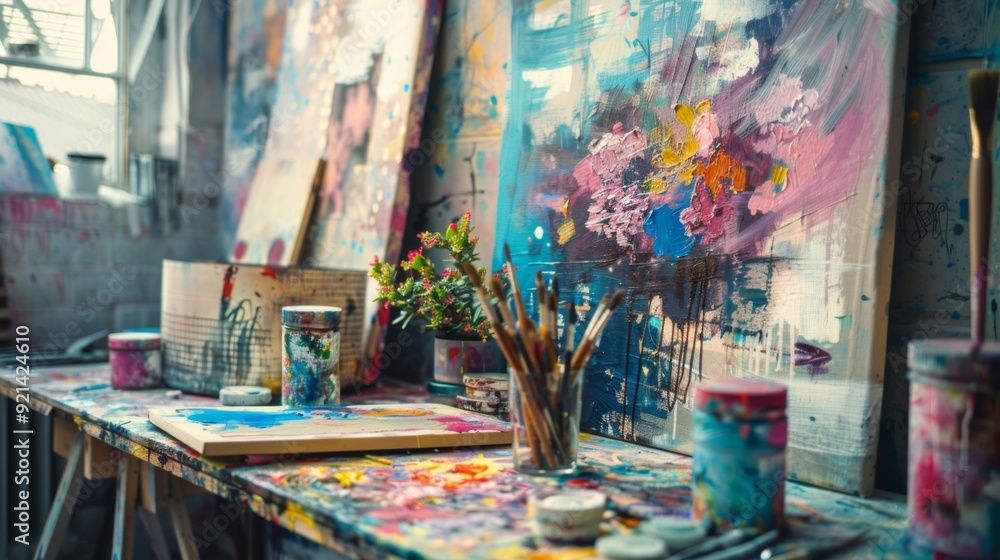 A creative workspace with mixed media art supplies, canvases, and inspiration boards, illustrating an artist A creative workspace with mixed media art supplies, canvases, and inspiration boards, illustrating an artist