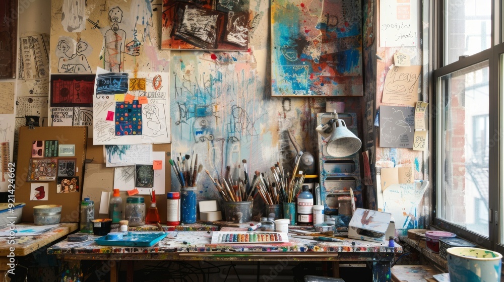 A creative workspace with mixed media art supplies, canvases, and inspiration boards, illustrating an artist A creative workspace with mixed media art supplies, canvases, and inspiration boards, illustrating an artist
