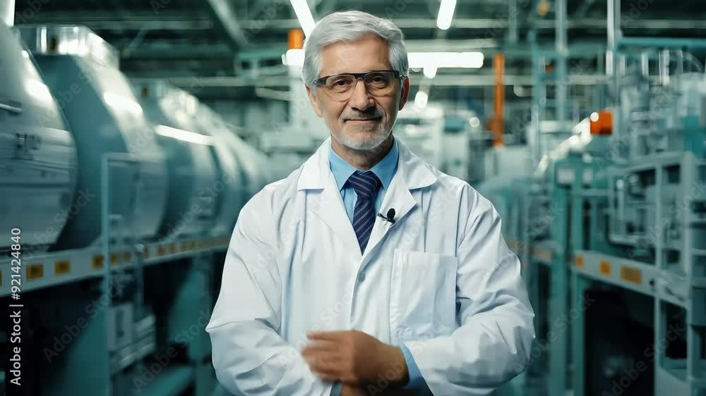 Confident scientist in a lab coat standing with arms crossed in an industrial laboratory. Confident scientist in a lab coat standing with arms crossed in an industrial laboratory.
