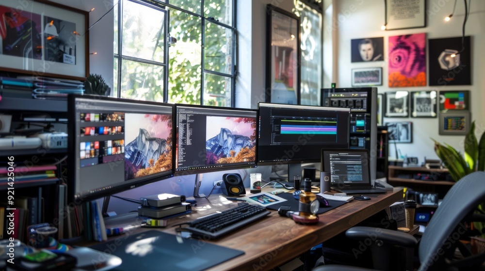 A graphic design studio with multiple monitors, creative software, and design elements scattered across a sleek desk, showcasing digital creativity. A graphic design studio with multiple monitors, creative software, and design elements scattered across a sleek desk, showcasing digital creativity.