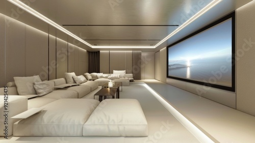 A minimalist home theater with comfortable seating, a large screen, and surround sound, providing an immersive entertainment experience.