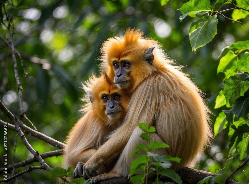 Two monkeys cuddle on a tree branch. AI. Two monkeys cuddle on a tree branch. AI.