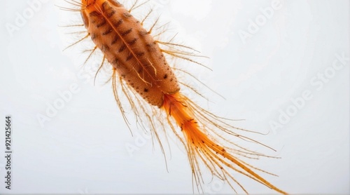 A close-up of a tiny orange organism with long, thin appendages. AI.