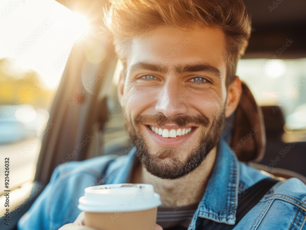 A man smiles happily while driving. AI. A man smiles happily while driving. AI.