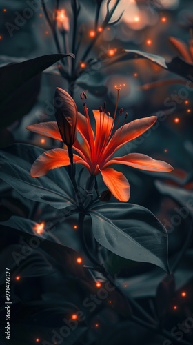 A close up of two orange flowers with a black background