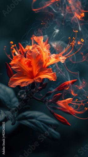 A close up of two orange flowers with a black background