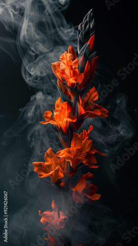 A close up of two orange flowers with a black background
