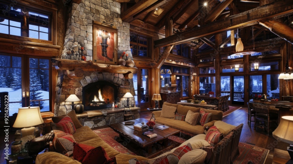 A rustic lodge living room with wooden beams, a stone fireplace, and cozy seating, providing a warm and inviting atmosphere. A rustic lodge living room with wooden beams, a stone fireplace, and cozy seating, providing a warm and inviting atmosphere.