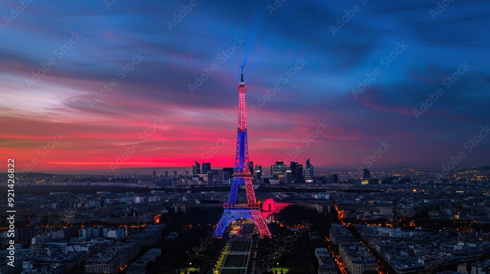 Obraz premium Eiffel tower shining with red and blue lights at sunset, creating a colorful spectacle over the cityscape